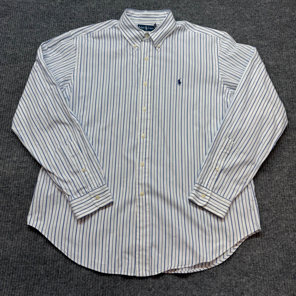 Ralph Lauren XL Blue White Stripe Button‎ Down Shirt Classic Fit Cotton Preppy